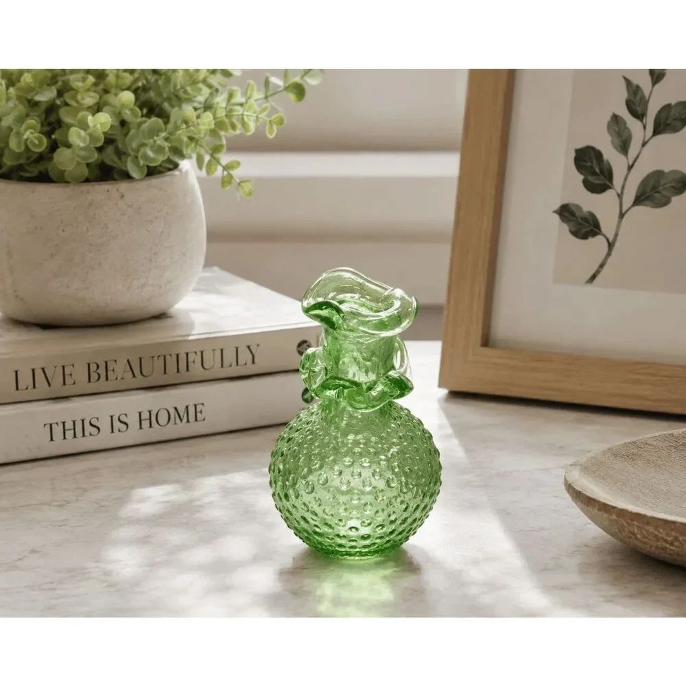 Vintage Green Hobnail Glass Bud  Vase Applied Ruffle 4.5"